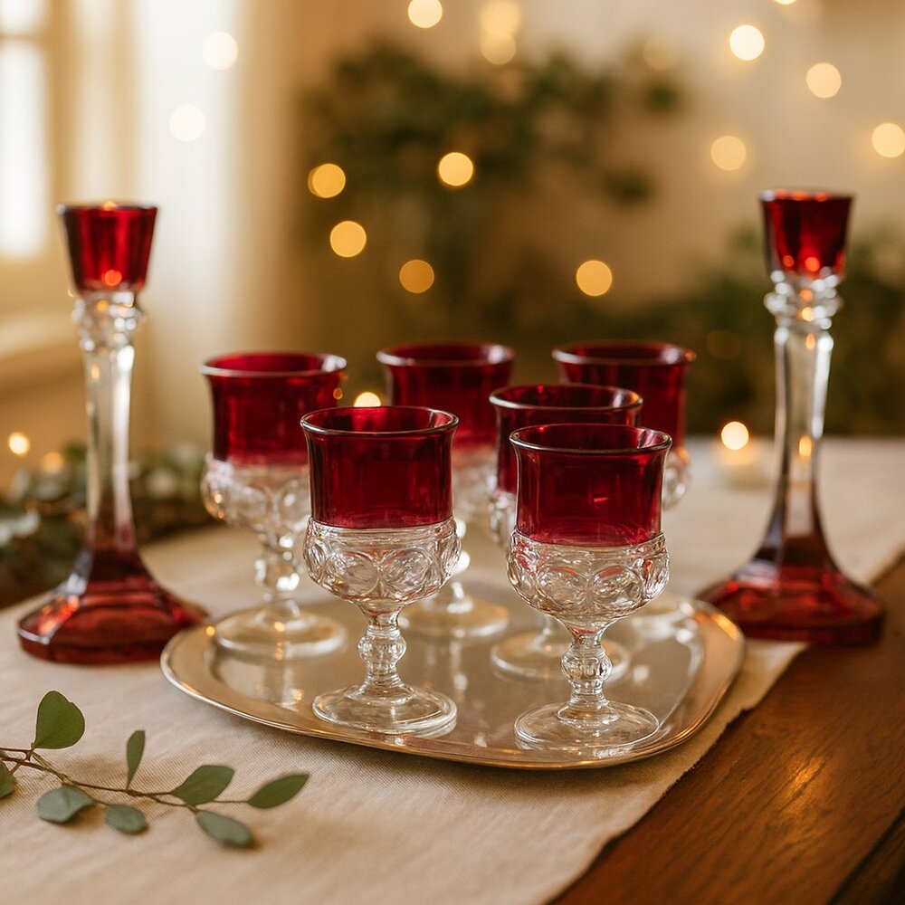 Kings Royal Crown Ruby Set of 5 Stem Glasses 2 oz~by Colony w/2 Candle Holders